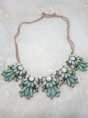 Light Blue Green Bib Faceted Rhinestone Statement Necklace- Rose Gold Tone ~ 18"